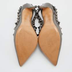 Pre Owned Valentino Metallic Grey Leather Rockstud Caged Ankle Strap Pumps Size 37.5