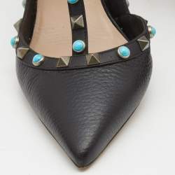 Pre Owned Valentino Black Leather Rockstud Ankle Strap Pumps Size 39 