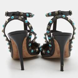 Pre Owned Valentino Black Leather Rockstud Ankle Strap Pumps Size 39 