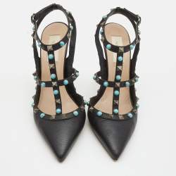 Pre Owned Valentino Black Leather Rockstud Ankle Strap Pumps Size 39 