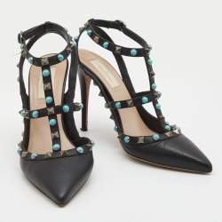 Pre Owned Valentino Black Leather Rockstud Ankle Strap Pumps Size 39 