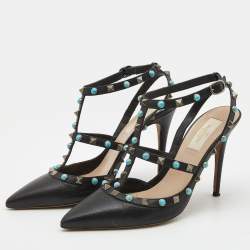 Pre Owned Valentino Black Leather Rockstud Ankle Strap Pumps Size 39 