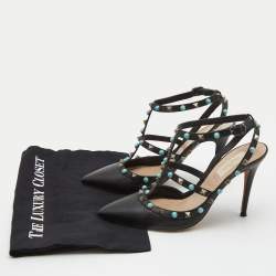 Pre Owned Valentino Black Leather Rockstud Ankle Strap Pumps Size 39 