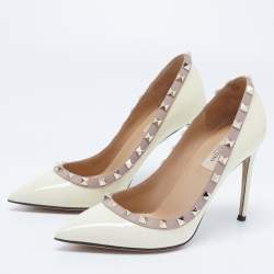 Pre Owned Valentino Cream Patent Leather Rockstud Pumps Size 37.5
