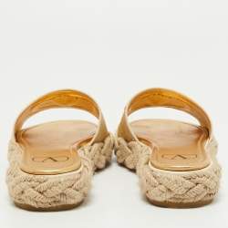 Pre Owned Valentino Beige/Gold Canvas Escape V logo Espadrille Flats Size 35