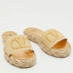 Pre Owned Valentino Beige/Gold Canvas Escape V logo Espadrille Flats Size 35