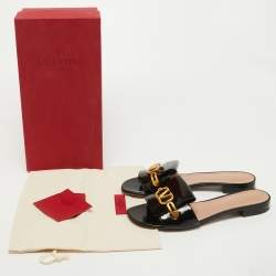 Pre Owned Valentino Black Leather V Logo Flat Slides Size 39