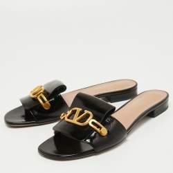 Pre Owned Valentino Black Leather V Logo Flat Slides Size 39