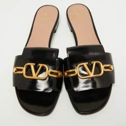 Pre Owned Valentino Black Leather V Logo Flat Slides Size 39