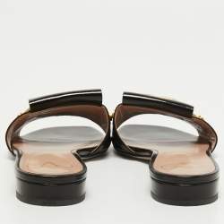 Pre Owned Valentino Black Leather V Logo Flat Slides Size 39