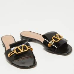 Pre Owned Valentino Black Leather V Logo Flat Slides Size 39
