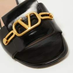 Pre Owned Valentino Black Leather V Logo Flat Slides Size 39