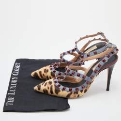 Pre Owned Valentino Multicolor Calf Hair and Leather Rockstud Caged Ankle Strap Pumps Size 38