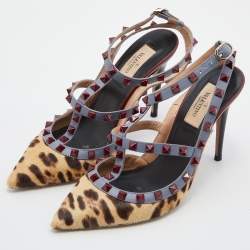 Pre Owned Valentino Multicolor Calf Hair and Leather Rockstud Caged Ankle Strap Pumps Size 38