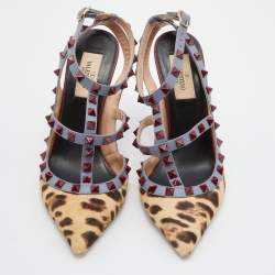 Pre Owned Valentino Multicolor Calf Hair and Leather Rockstud Caged Ankle Strap Pumps Size 38
