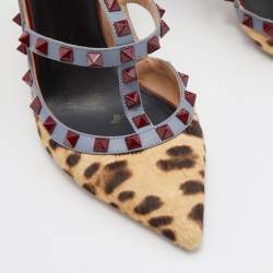 Pre Owned Valentino Multicolor Calf Hair and Leather Rockstud Caged Ankle Strap Pumps Size 38