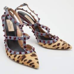 Pre Owned Valentino Multicolor Calf Hair and Leather Rockstud Caged Ankle Strap Pumps Size 38