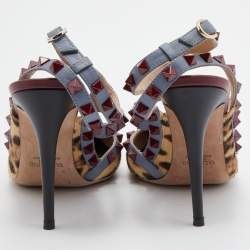Pre Owned Valentino Multicolor Calf Hair and Leather Rockstud Caged Ankle Strap Pumps Size 38