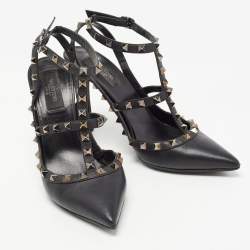 Pre Owned Valentino Black Leather Rockstud Ankle Strap Pumps Size 39.5