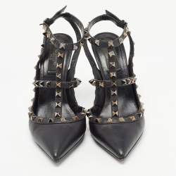 Pre Owned Valentino Black Leather Rockstud Ankle Strap Pumps Size 39.5