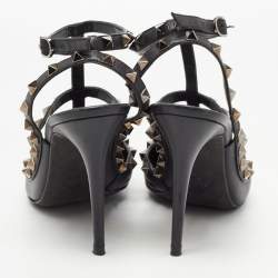 Pre Owned Valentino Black Leather Rockstud Ankle Strap Pumps Size 39.5