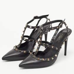 Pre Owned Valentino Black Leather Rockstud Ankle Strap Pumps Size 39.5