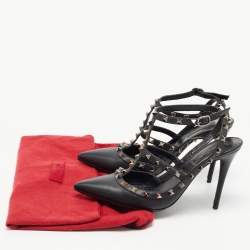 Pre Owned Valentino Black Leather Rockstud Ankle Strap Pumps Size 39.5