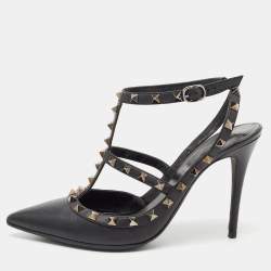 Pre Owned Valentino Black Leather Rockstud Ankle Strap Pumps Size 39.5
