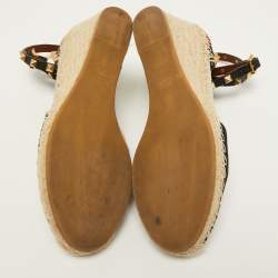 Pre Owned Valentino Black Embroidered Canvas Rockstud Espadrille Wedge Sandals Size 37