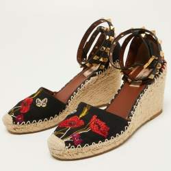Pre Owned Valentino Black Embroidered Canvas Rockstud Espadrille Wedge Sandals Size 37