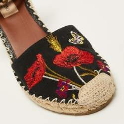 Pre Owned Valentino Black Embroidered Canvas Rockstud Espadrille Wedge Sandals Size 37
