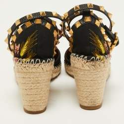 Pre Owned Valentino Black Embroidered Canvas Rockstud Espadrille Wedge Sandals Size 37
