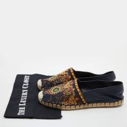 Pre Owned Valentino Navy Blue Leather and Floral Lace Espadrille Flats Size 38