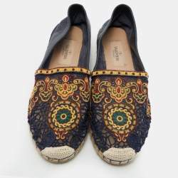 Pre Owned Valentino Navy Blue Leather and Floral Lace Espadrille Flats Size 38