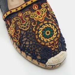 Pre Owned Valentino Navy Blue Leather and Floral Lace Espadrille Flats Size 38