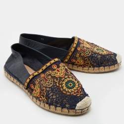 Pre Owned Valentino Navy Blue Leather and Floral Lace Espadrille Flats Size 38