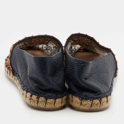 Pre Owned Valentino Navy Blue Leather and Floral Lace Espadrille Flats Size 38