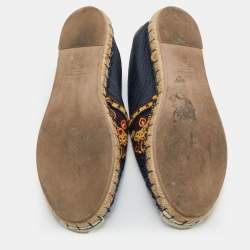 Pre Owned Valentino Navy Blue Leather and Floral Lace Espadrille Flats Size 38