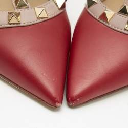Pre Owned Valentino Red Leather Rockstud Ankle Strap Pumps Size 36.5