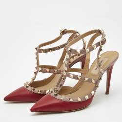 Pre Owned Valentino Red Leather Rockstud Ankle Strap Pumps Size 36.5