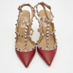 Pre Owned Valentino Red Leather Rockstud Ankle Strap Pumps Size 36.5
