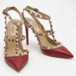Pre Owned Valentino Red Leather Rockstud Ankle Strap Pumps Size 36.5