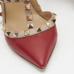 Pre Owned Valentino Red Leather Rockstud Ankle Strap Pumps Size 36.5