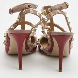 Pre Owned Valentino Red Leather Rockstud Ankle Strap Pumps Size 36.5
