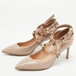 Pre Owned Valentino Dusty Pink Leather Rockstud Ankle Wrap Pointed Toe Pumps Size 37.5