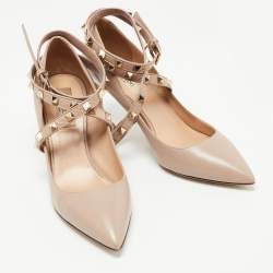 Pre Owned Valentino Dusty Pink Leather Rockstud Ankle Wrap Pointed Toe Pumps Size 37.5