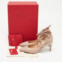 Pre Owned Valentino Dusty Pink Leather Rockstud Ankle Wrap Pointed Toe Pumps Size 37.5