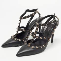 مملوكة مسبقًا Valentino Black Leather Rockstud Ankle Strap Pumps Size 35.5