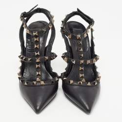 مملوكة مسبقًا Valentino Black Leather Rockstud Ankle Strap Pumps Size 35.5