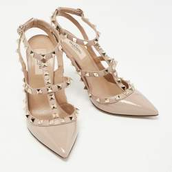 Pre Owned Valentino Dusty Pink Patent Leather Rockstud Ankle Strap Pumps Size 37.5